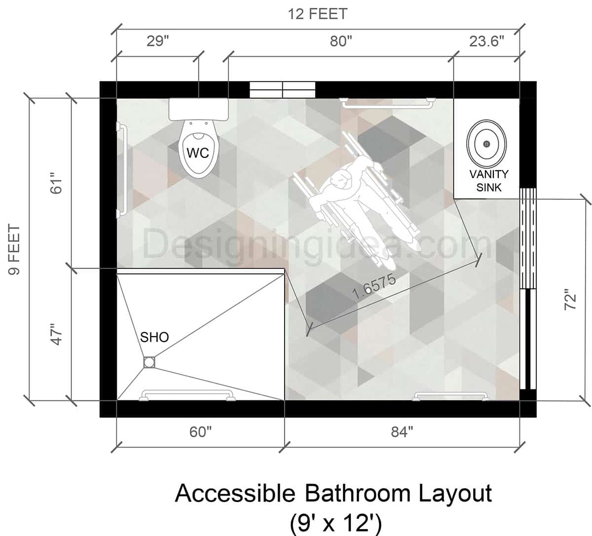 9x12 Accessible Bathroom With Curbless Shower Layout