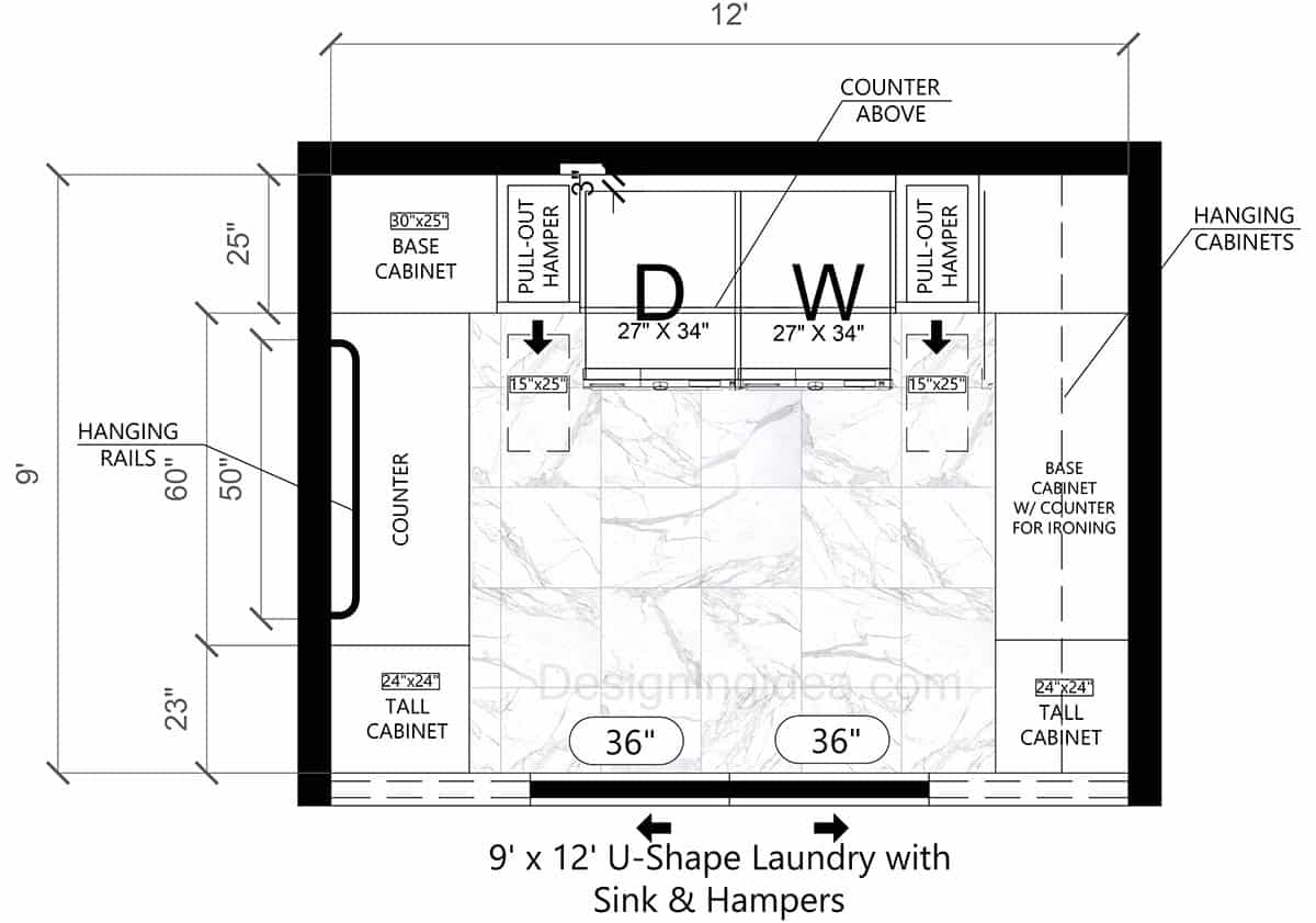 9×12 U-Shape Laundry with Sink Layout and Dual Pull-Out Hampers