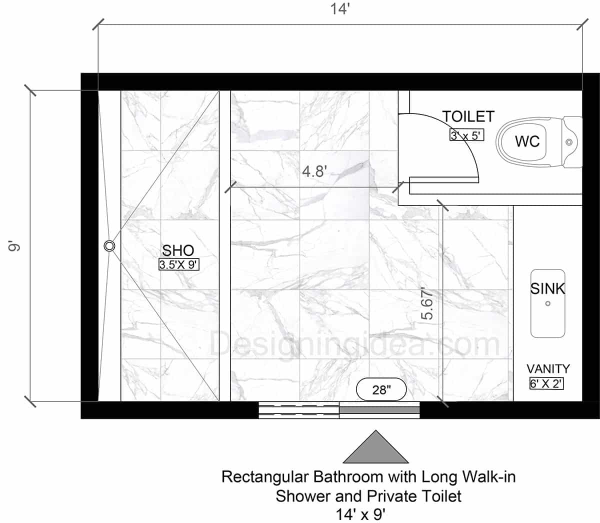 9x14 Rectangular Bathroom with Long Walk-In Shower and Private Toilet Floor Plan