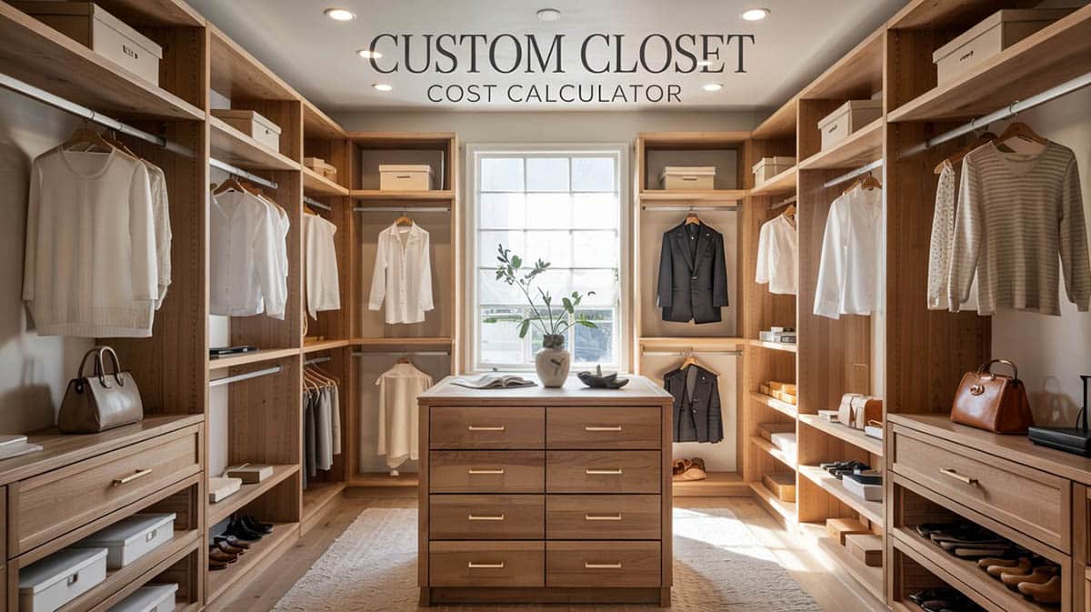 Contemporary walk-in closet with light wood cabinet and island