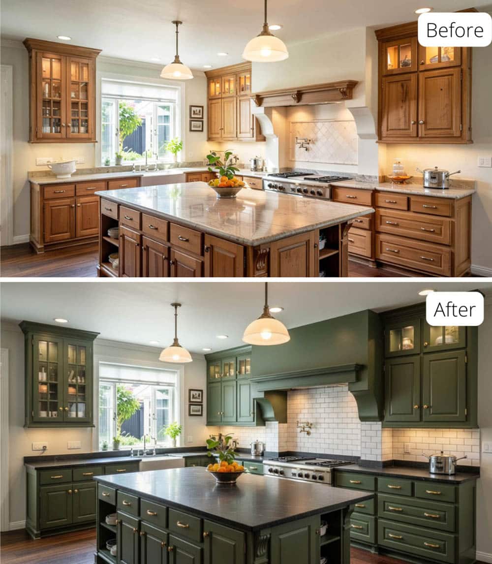 English Kitchen with Deep Olive Cabinets and Unlacquered Brass Hardware
