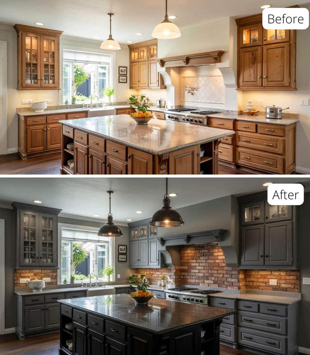 Industrial Kitchen with Matte Charcoal Cabinets and Concrete Look Quartz Counters