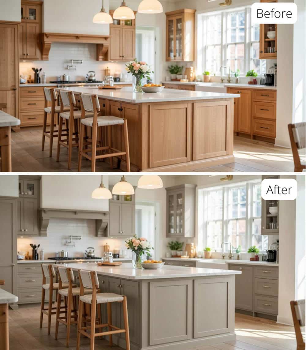 All Greige Cabinets and Island with Satin Nickel Hardware