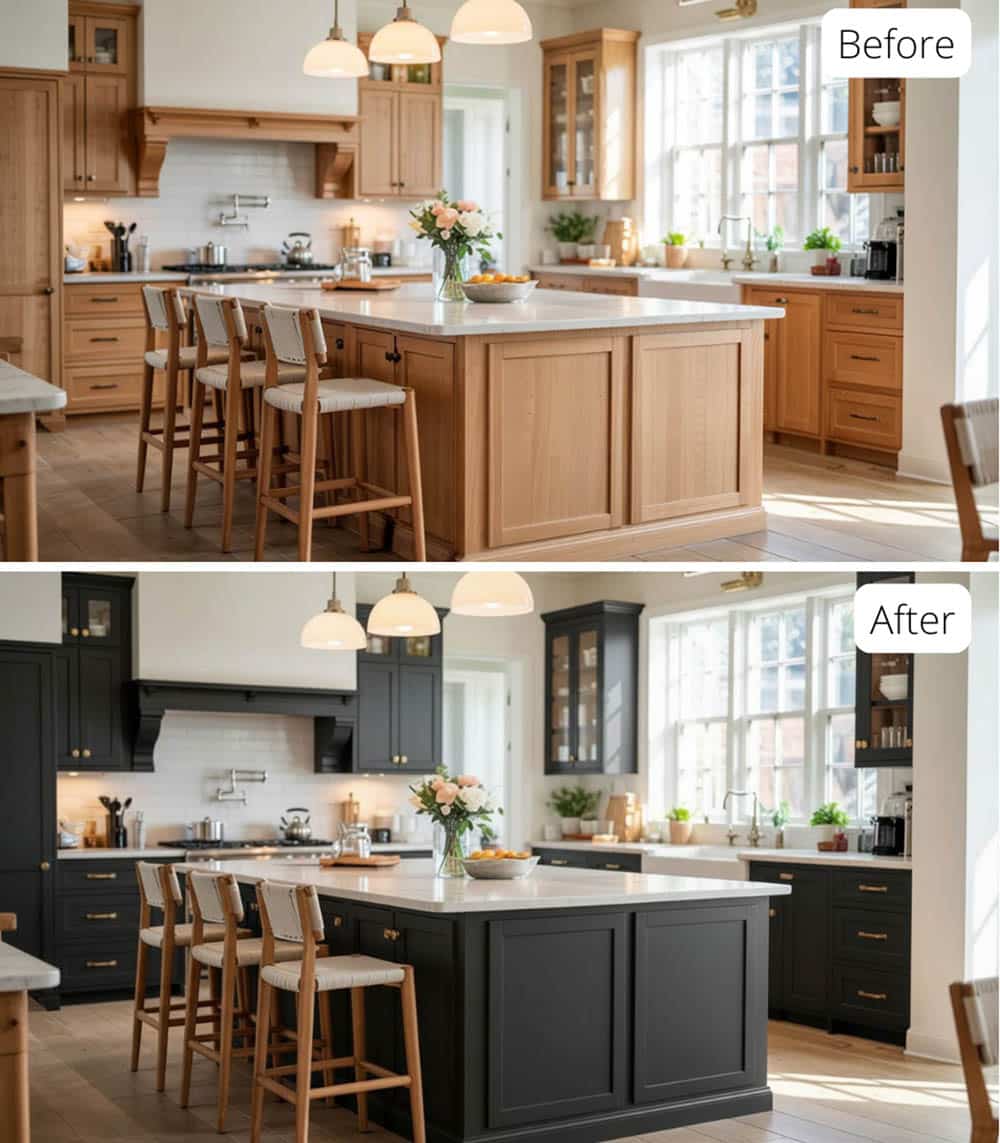 All Soft Black Cabinets and Island with Warm Brass Knobs