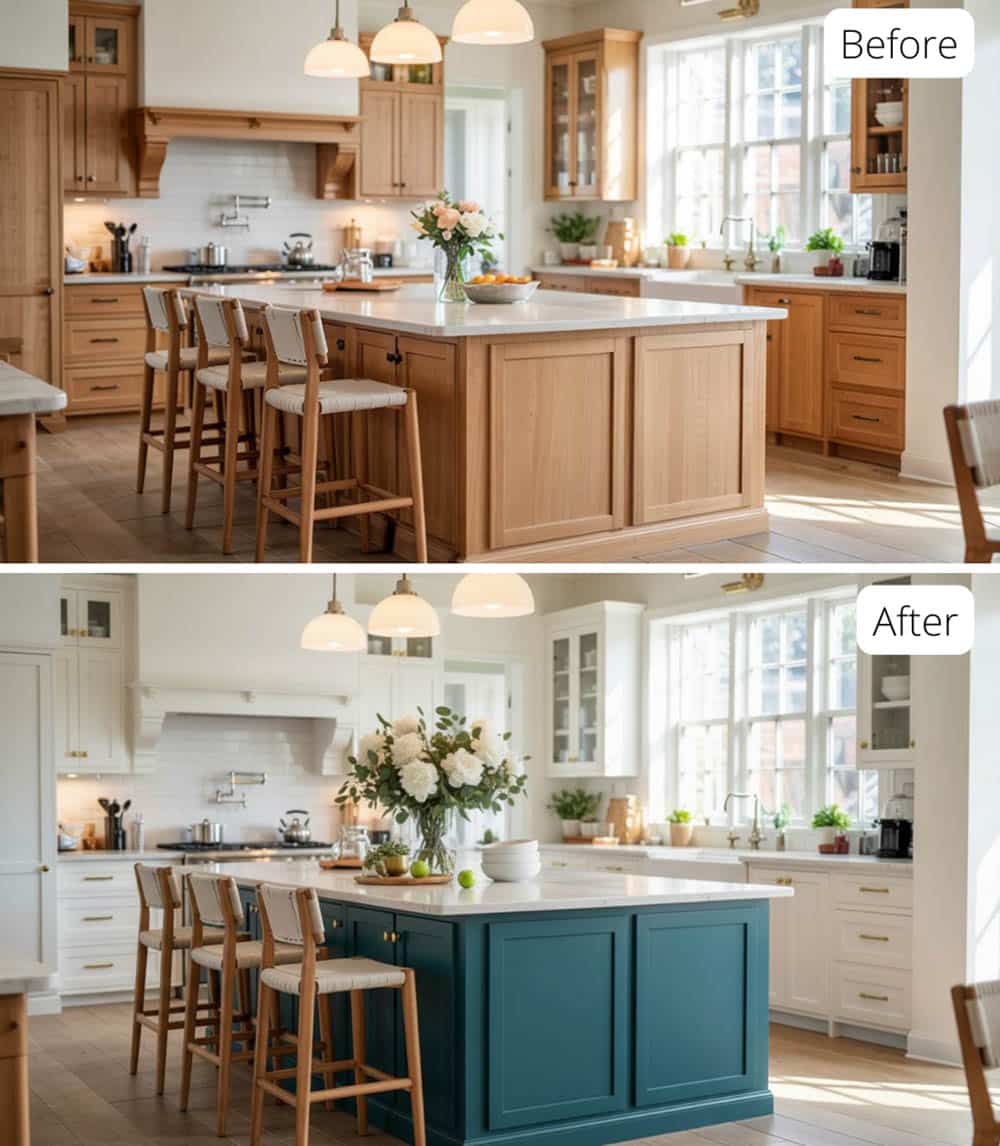 Before and after wood grain kitchen to White Painted Cabinets and Deep Teal Island