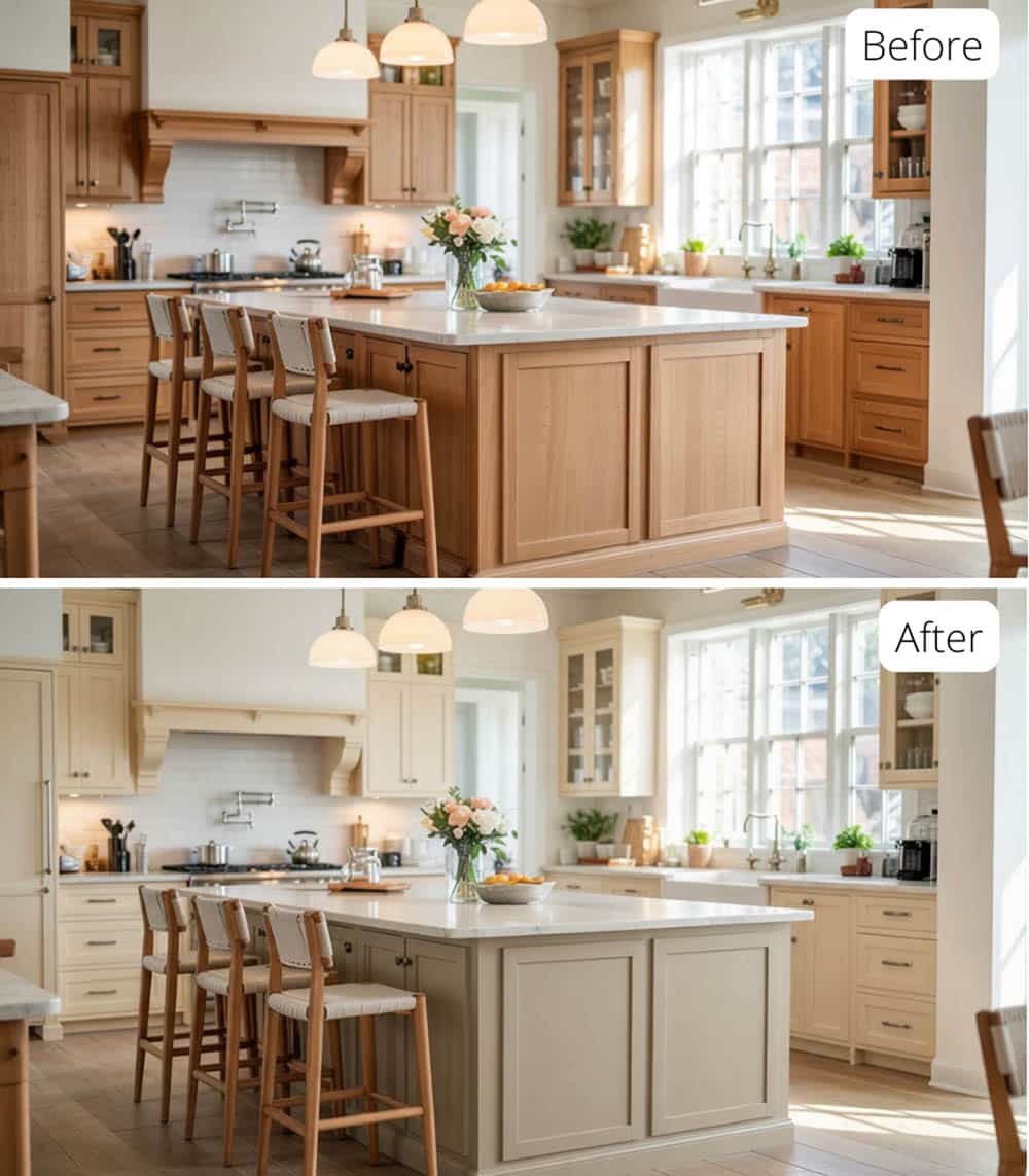 Creamy Off-White Cabinets and Warm Greige Island with Brushed Nickel Hardware