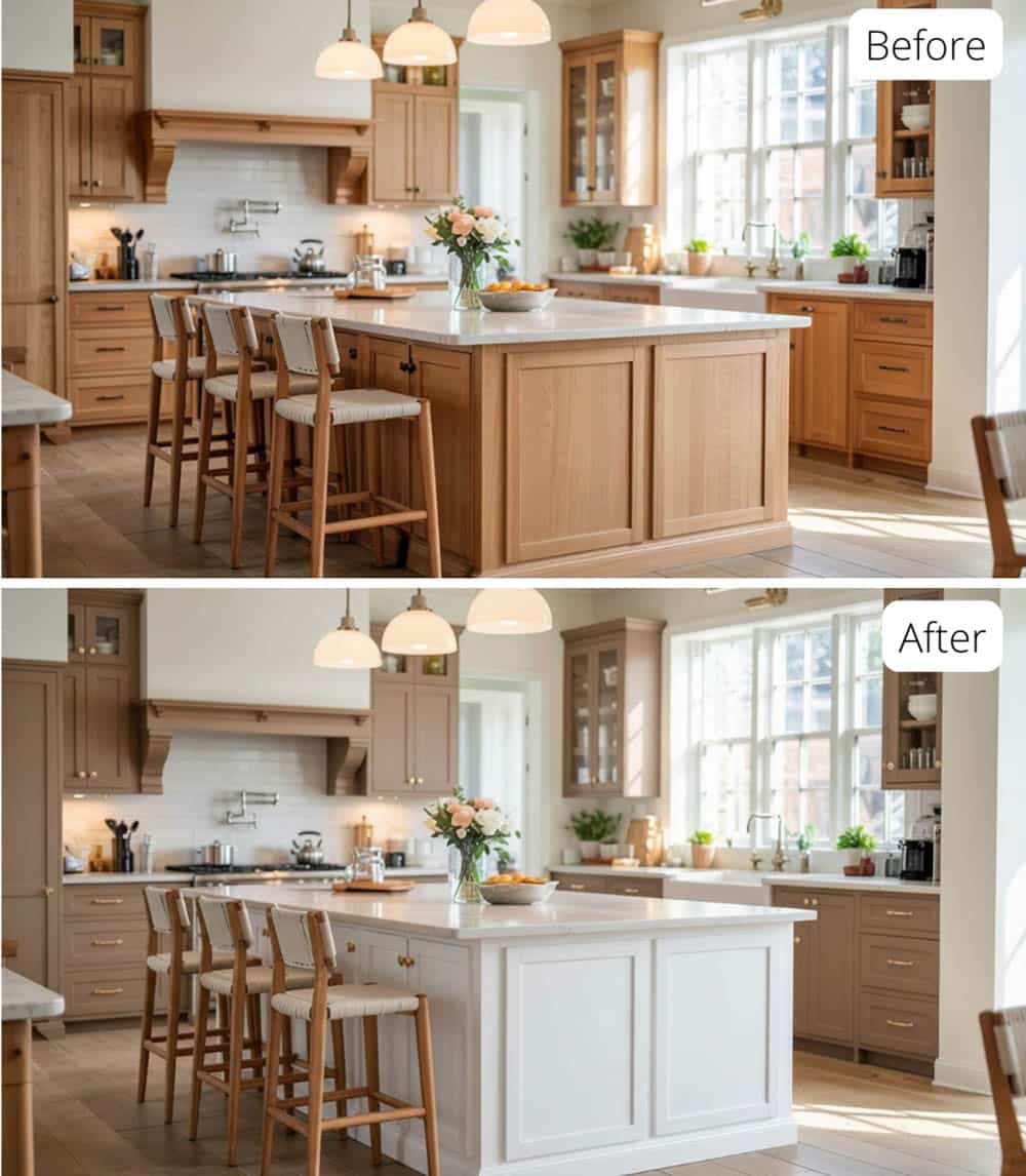 Mushroom Taupe Cabinets and White Island with Champagne Bronze Hardware