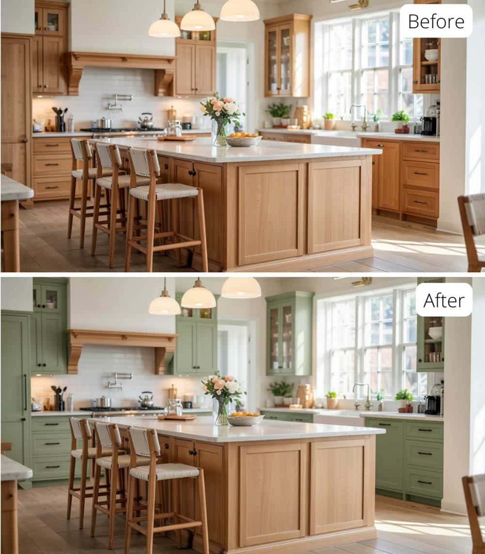 Sage Green Cabinetry and Natural Wood Island with Matte Black Hardware
