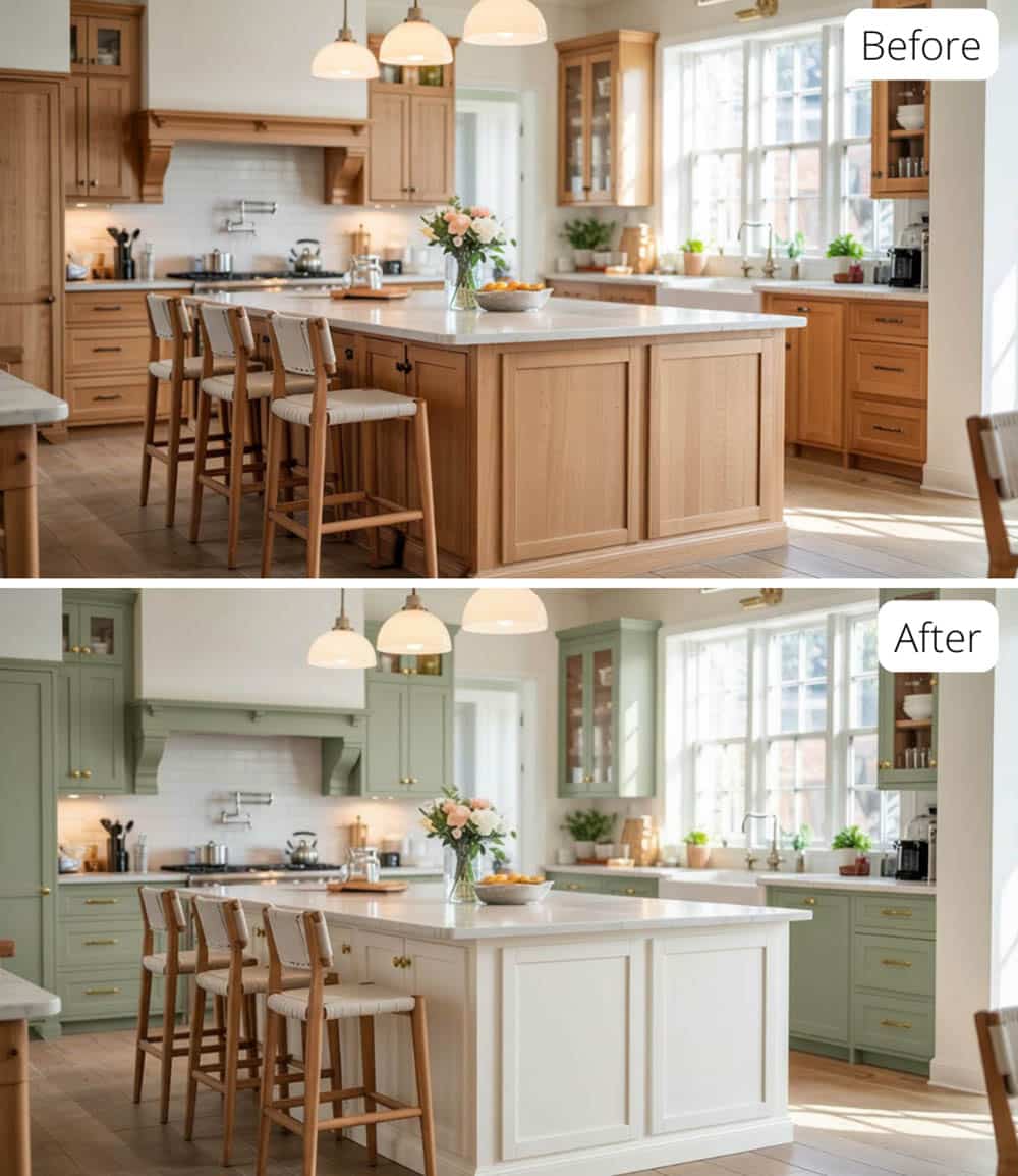 Sage Green Cabinets and Warm-White Island with Aged Brass&nbsp;