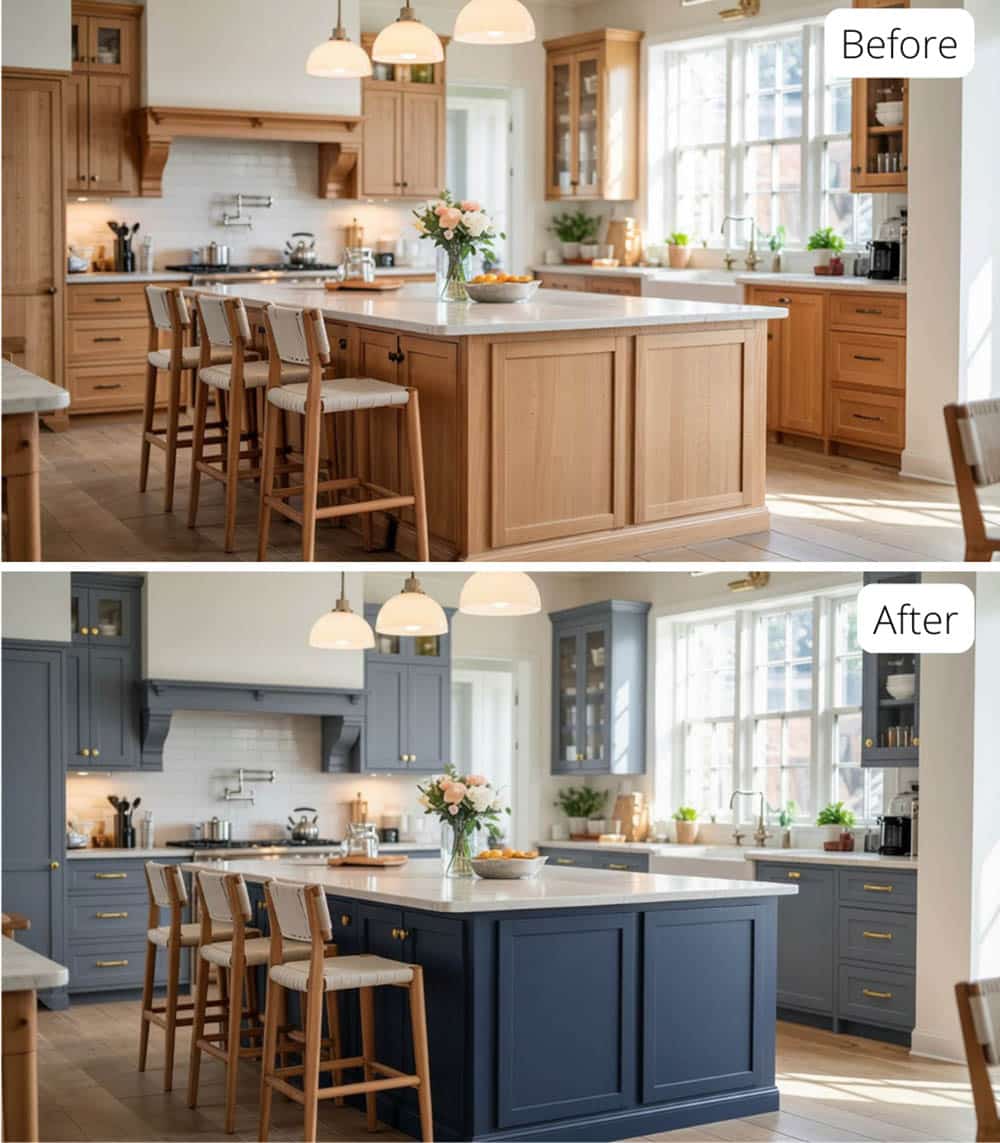 Blue-Gray Cabinets and Deep Navy Island with Brushed Brass Hardware