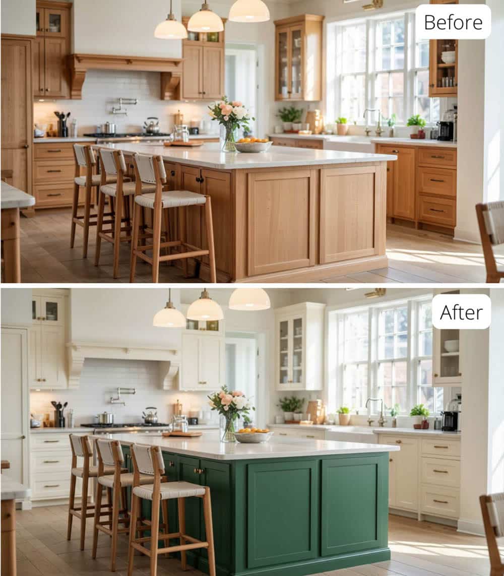 Warm White Cabinetry and Forest Green Island with Antique Brass&nbsp;