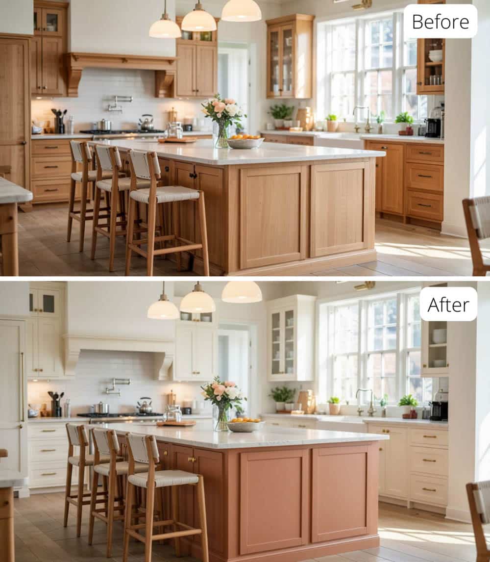 Warm White Painted Cabinets and Terracotta Island