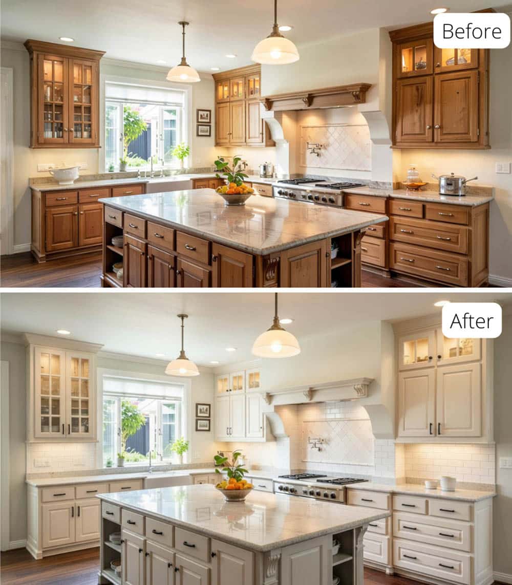 Crisp Update With Creamy Off-White Cabinets, Greige Island and Matte Black Hardware