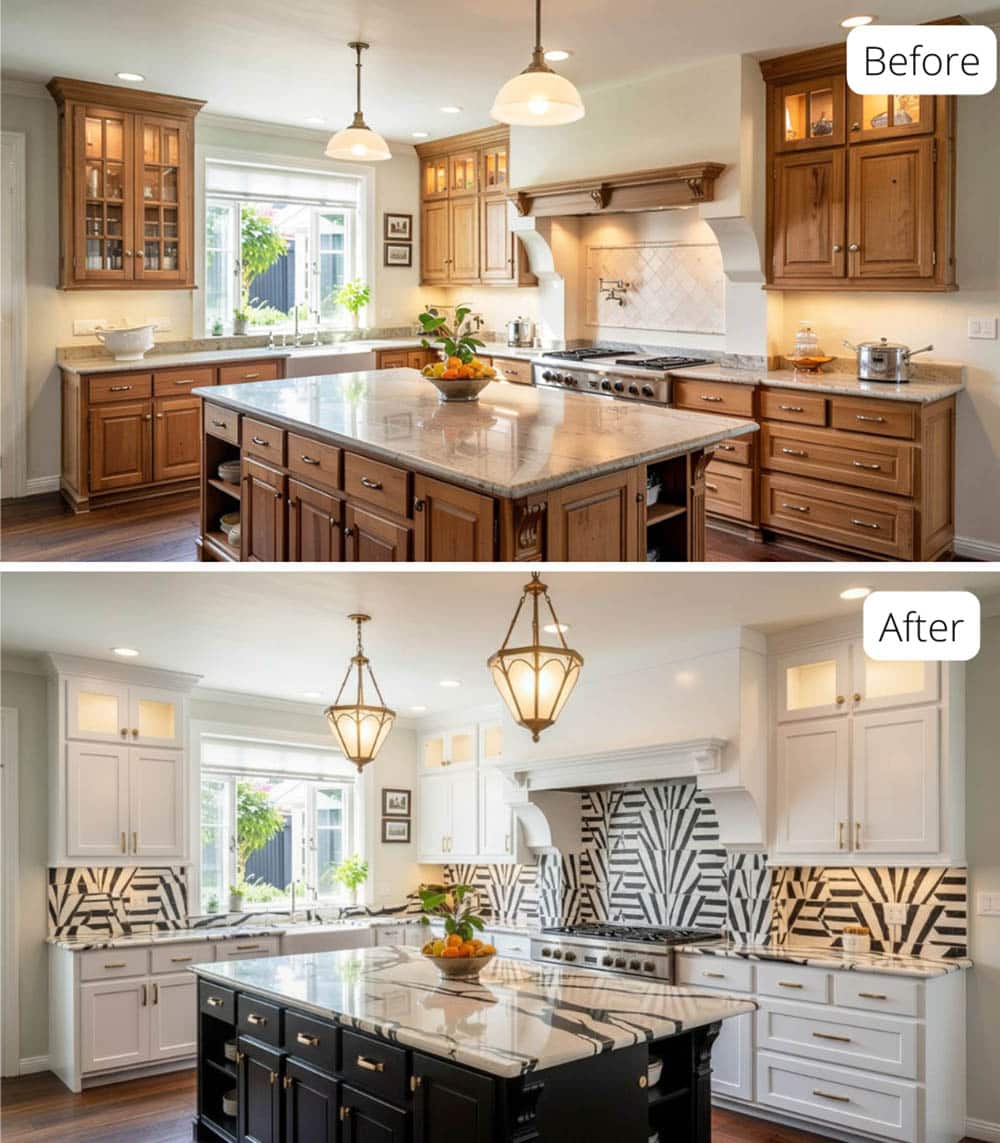 Art Deco Kitchen with White High-Gloss Cabinets, Black Island and Gold Hardware