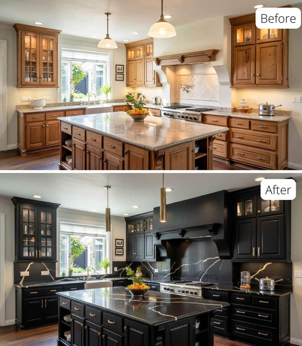 All-Black Luxury Kitchen with Matte Black Cabinets and Champagne Bronze Hardware