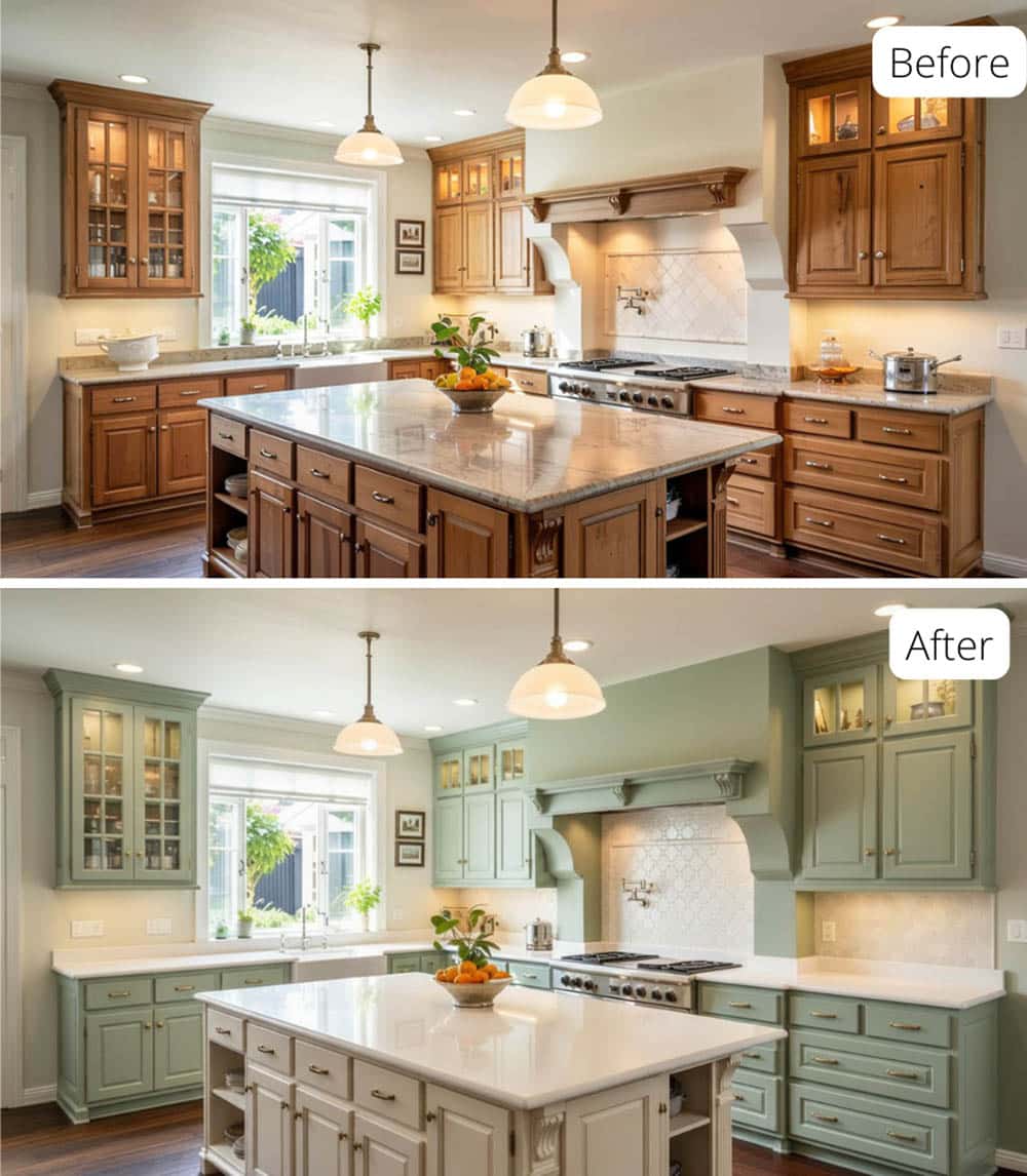 Soft Sage Kitchen with Off-White Island