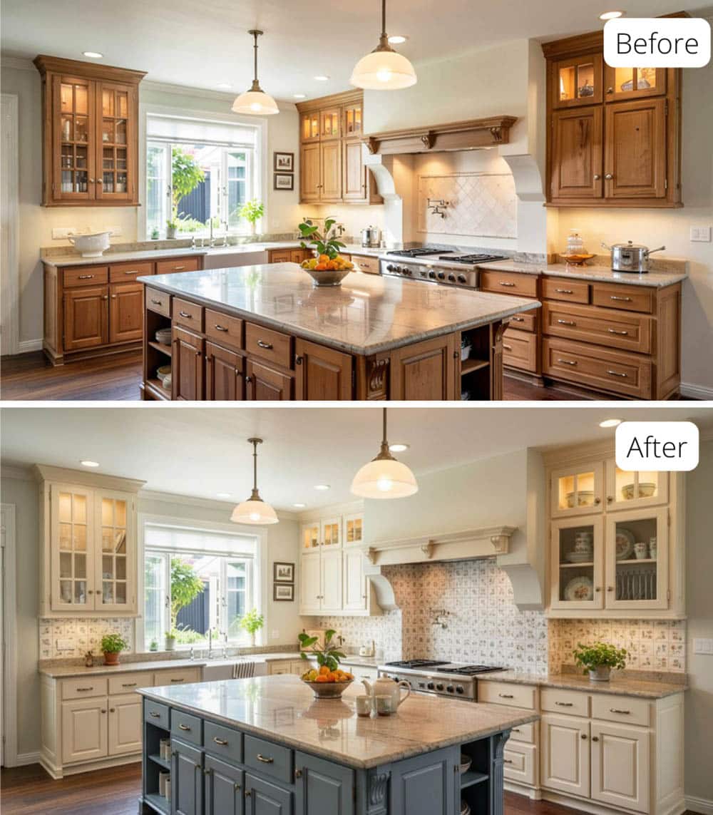 Cottagecore Kitchen with Soft Cream Cabinets and Dusty Blue Island
