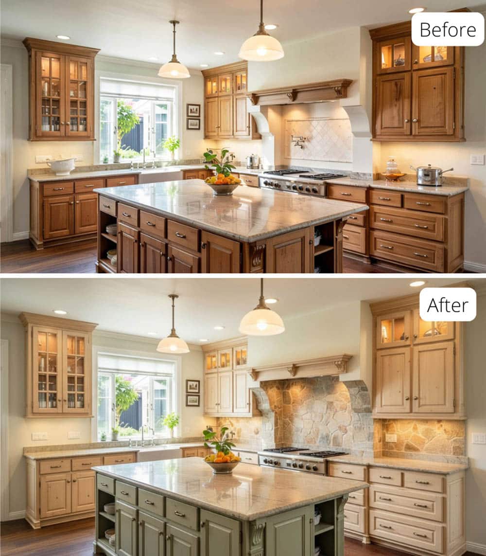 French Country Kitchen with Warm Cream Cabinetry and Muted Sage Island&nbsp;