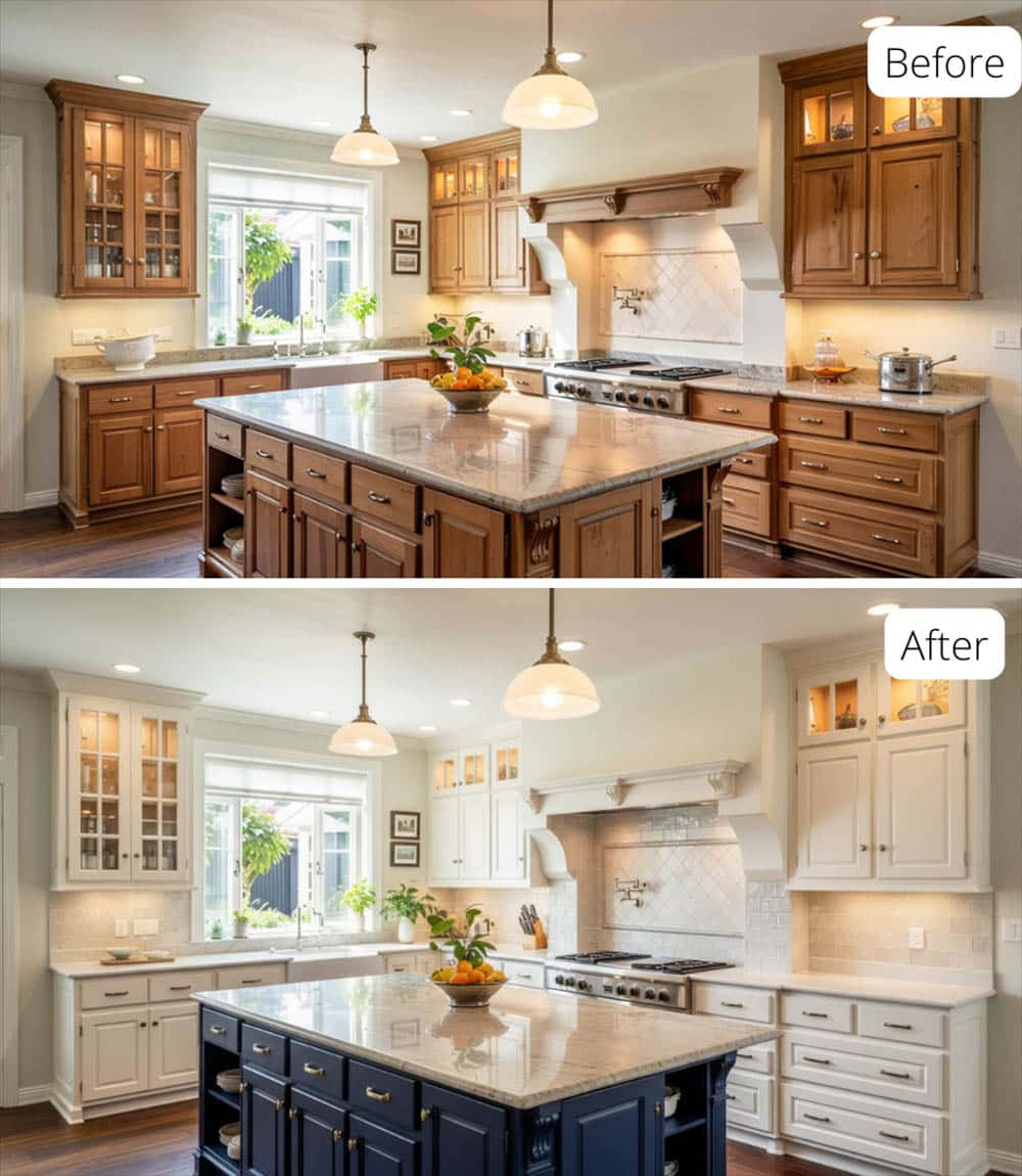 Transitional Kitchen With Warm White Cabinets, Navy Island and Brass Hardware