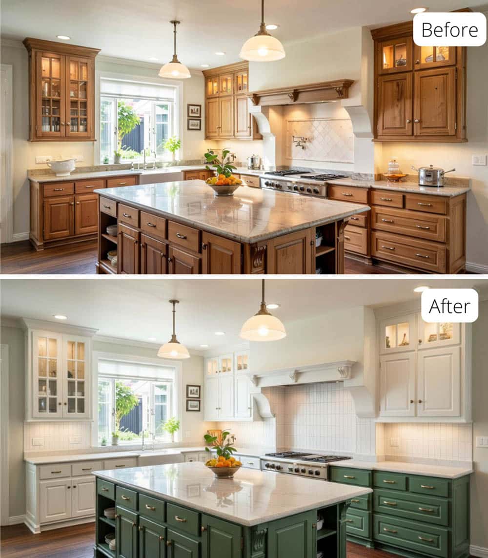 Contemporary Two-Tone Kitchen with White and Forest Green Cabinets