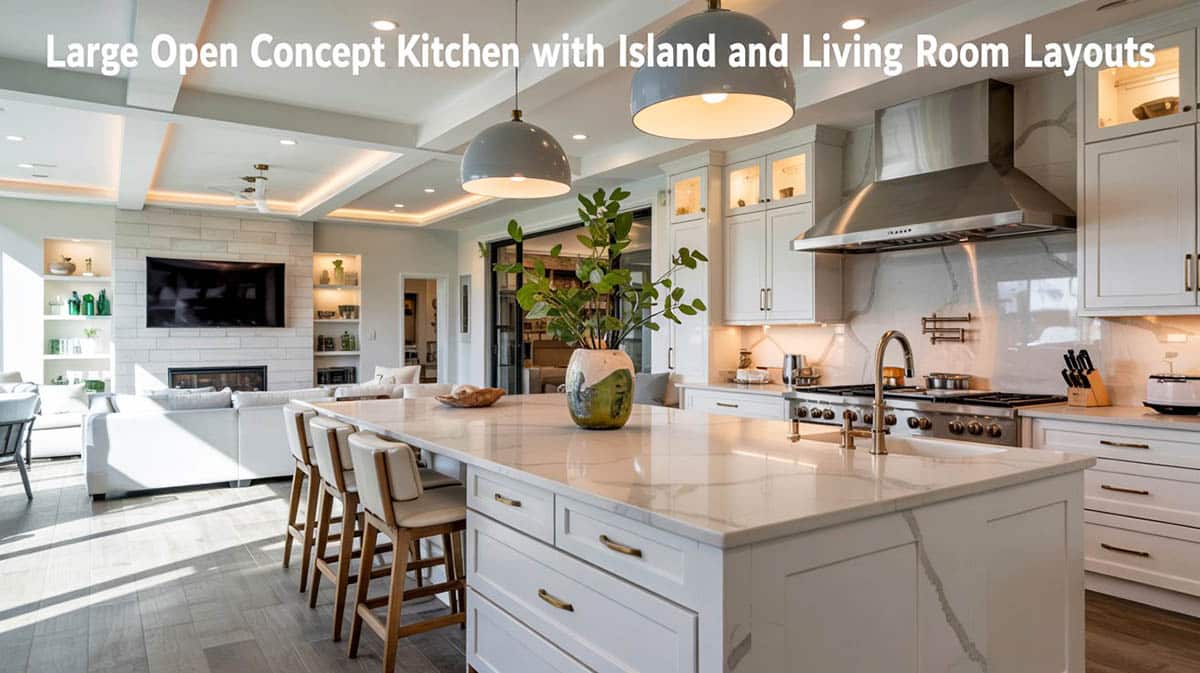 Contemporary open kitchen with island and living room layout