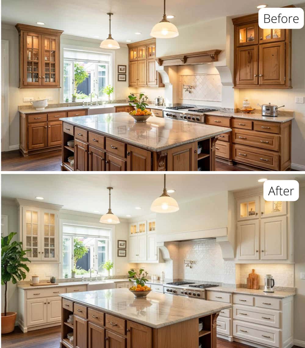 Modern Organic Kitchen with Warm-White Cabinetry and Natural Oak Island