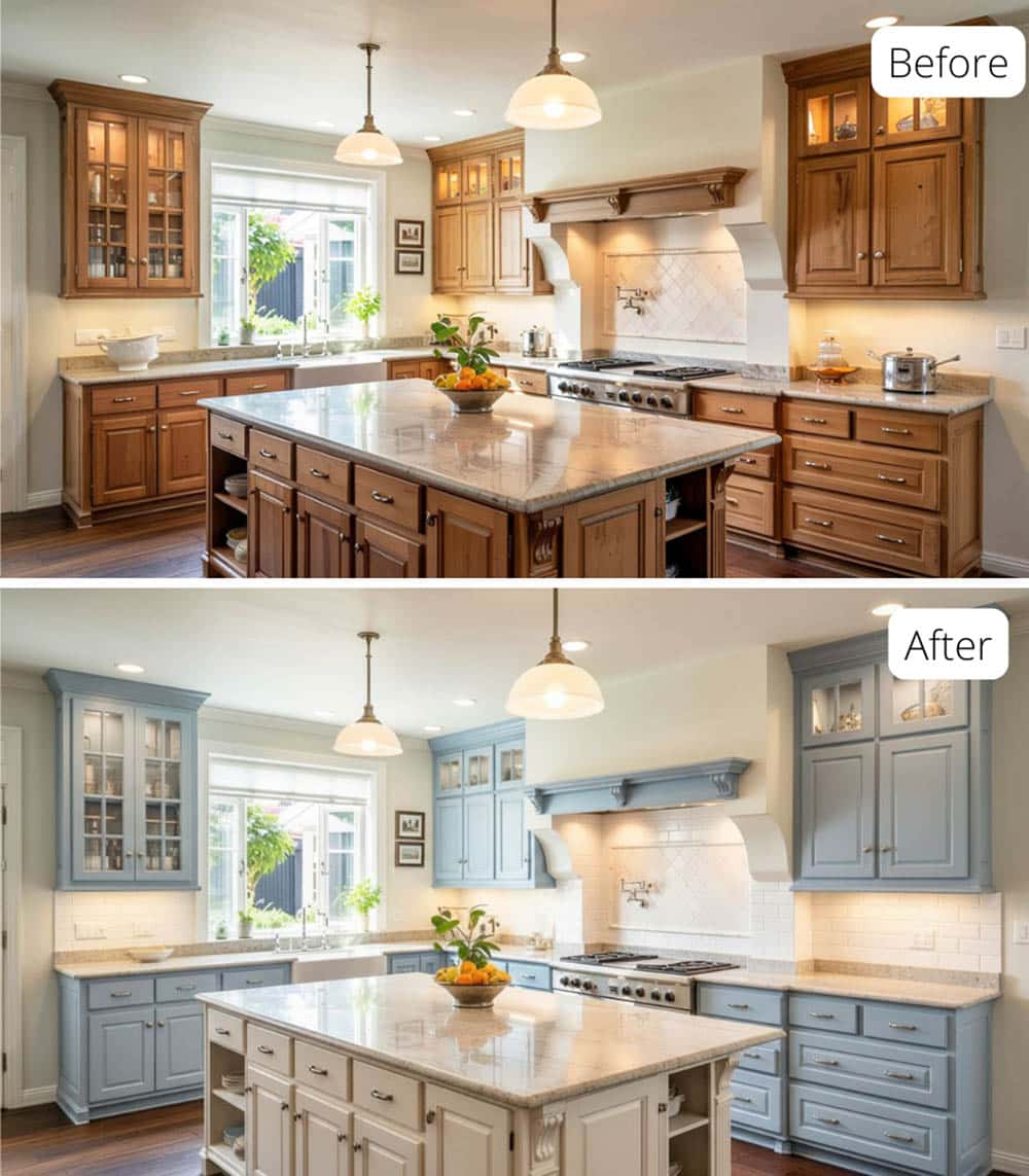 Pastel Kitchen with Pale Blue-Gray Cabinets and Soft White Island