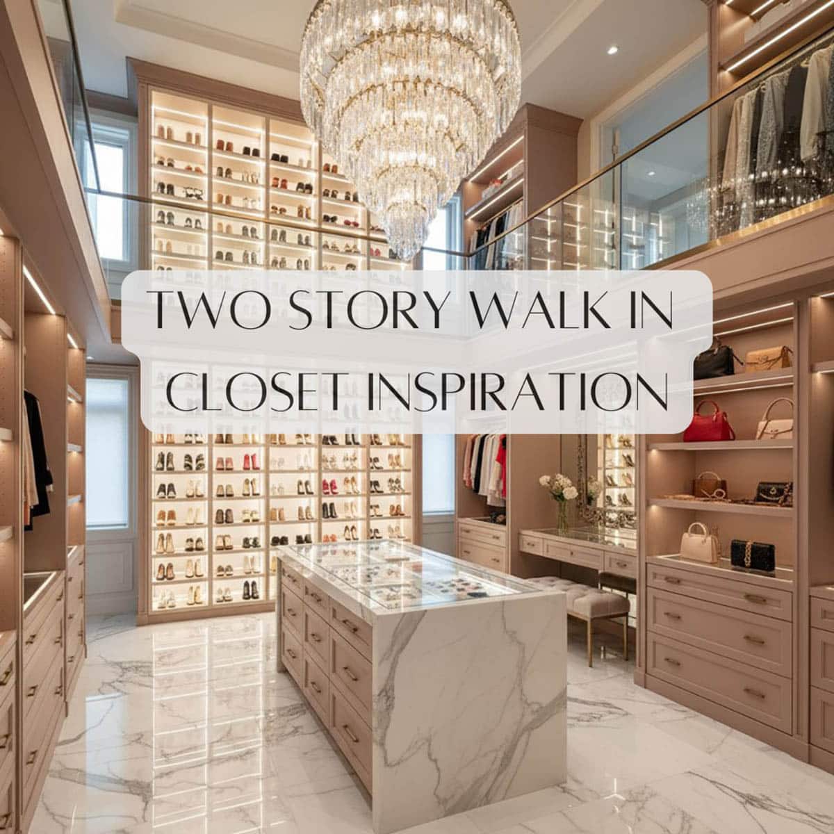 Two story walk-in style closet for women with backlit glass shoe gallery