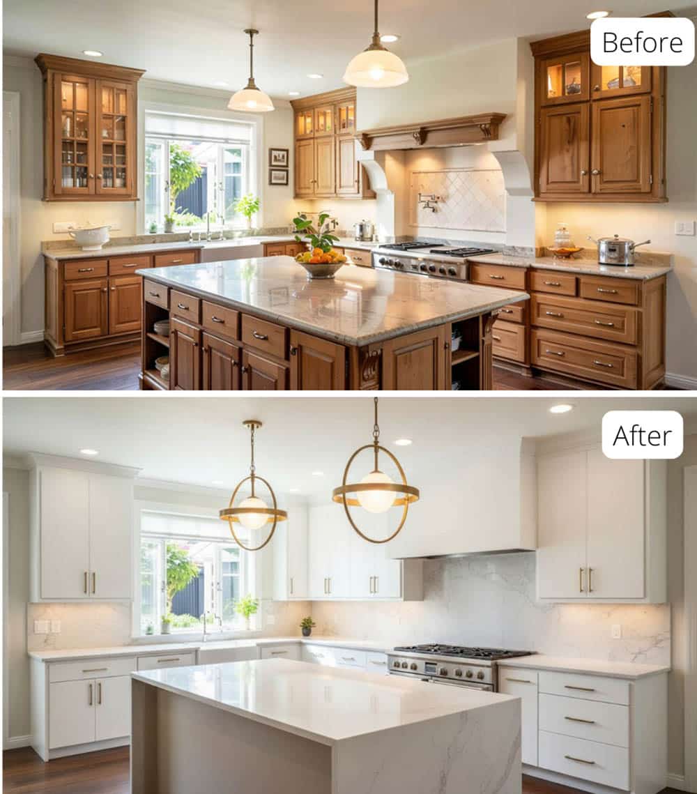 Ultra-Modern Luxe Kitchen with Matte-White Cabinets and Champagne Beige Island