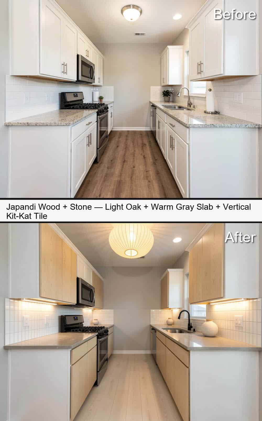 Japandi Kitchen with Light Oak Cabinets, Warm Gray Slab Counters and Vertical Kit-Kat Tile