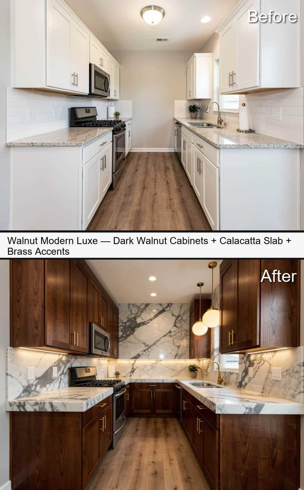 Modern Luxe Kitchen with Dark Walnut Cabinets, Calacatta Slab and Brass Accents