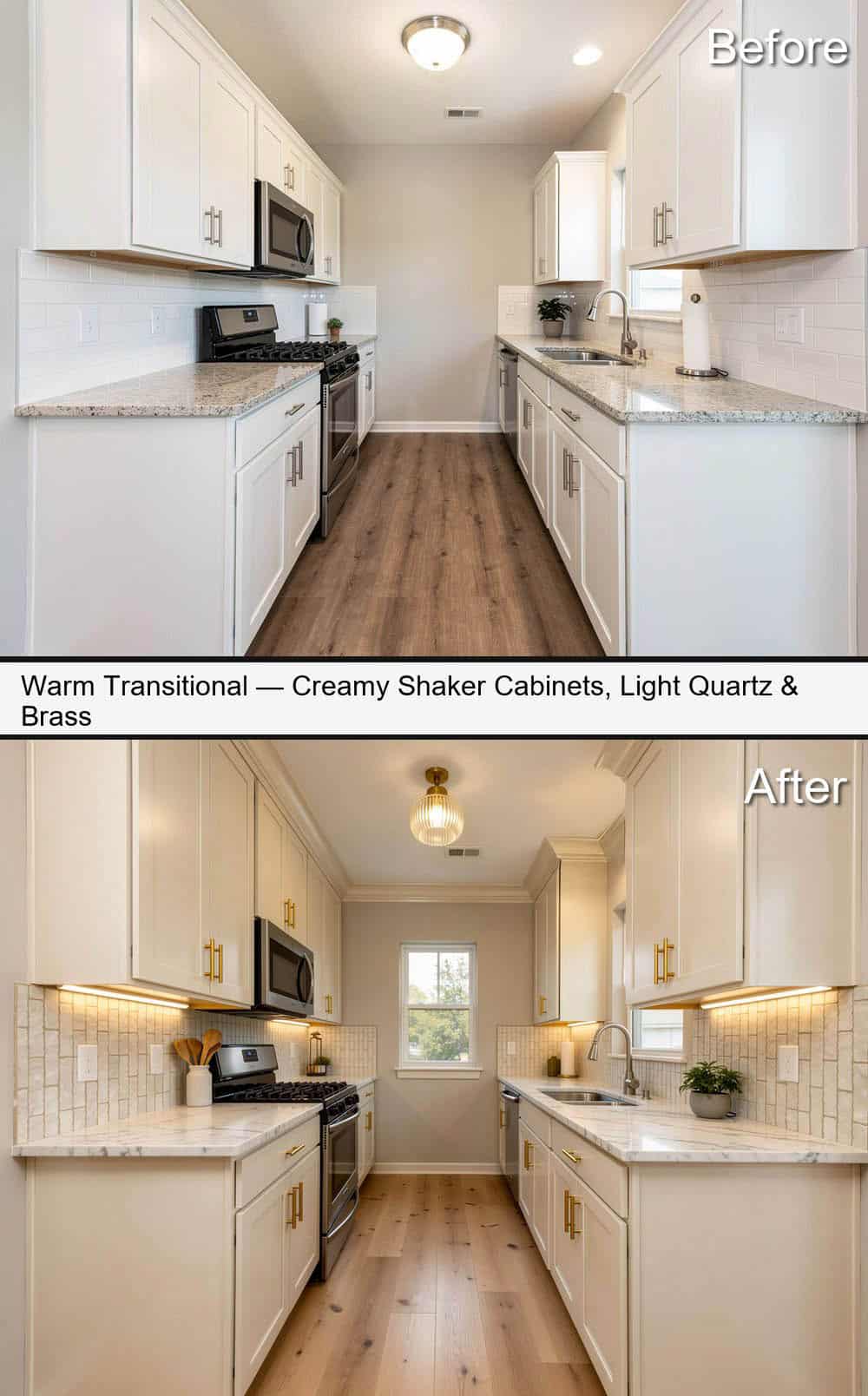 Warm Transitional Kitchen with Creamy Shaker Cabinets, Light Quartz and Brass Hardware