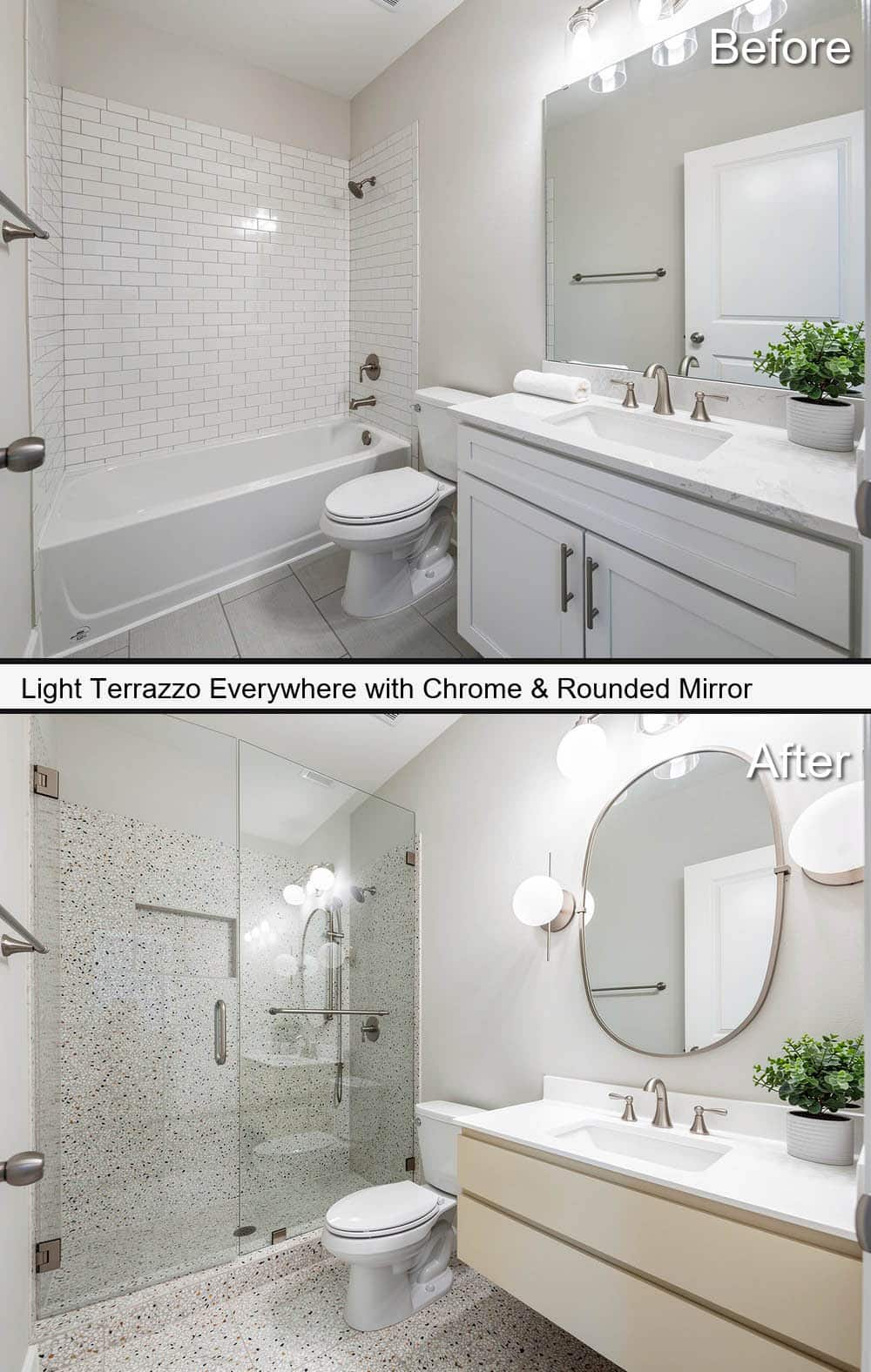 Light Terrazzo Bathroom with Chrome & Rounded Mirror&nbsp;