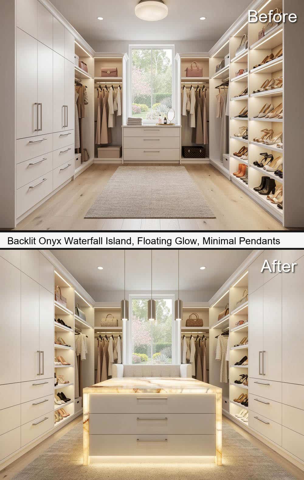 Backlit Onyx Waterfall Island, Floating Glow, with Minimal Pendants