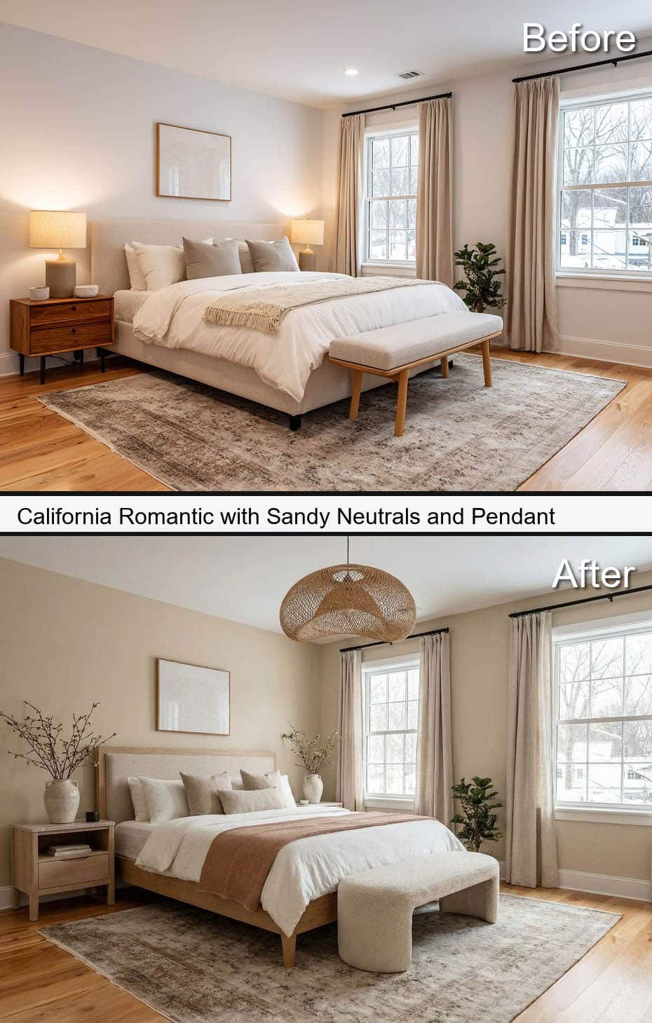 California Romantic with Sandy Neutrals and Pendant Lights