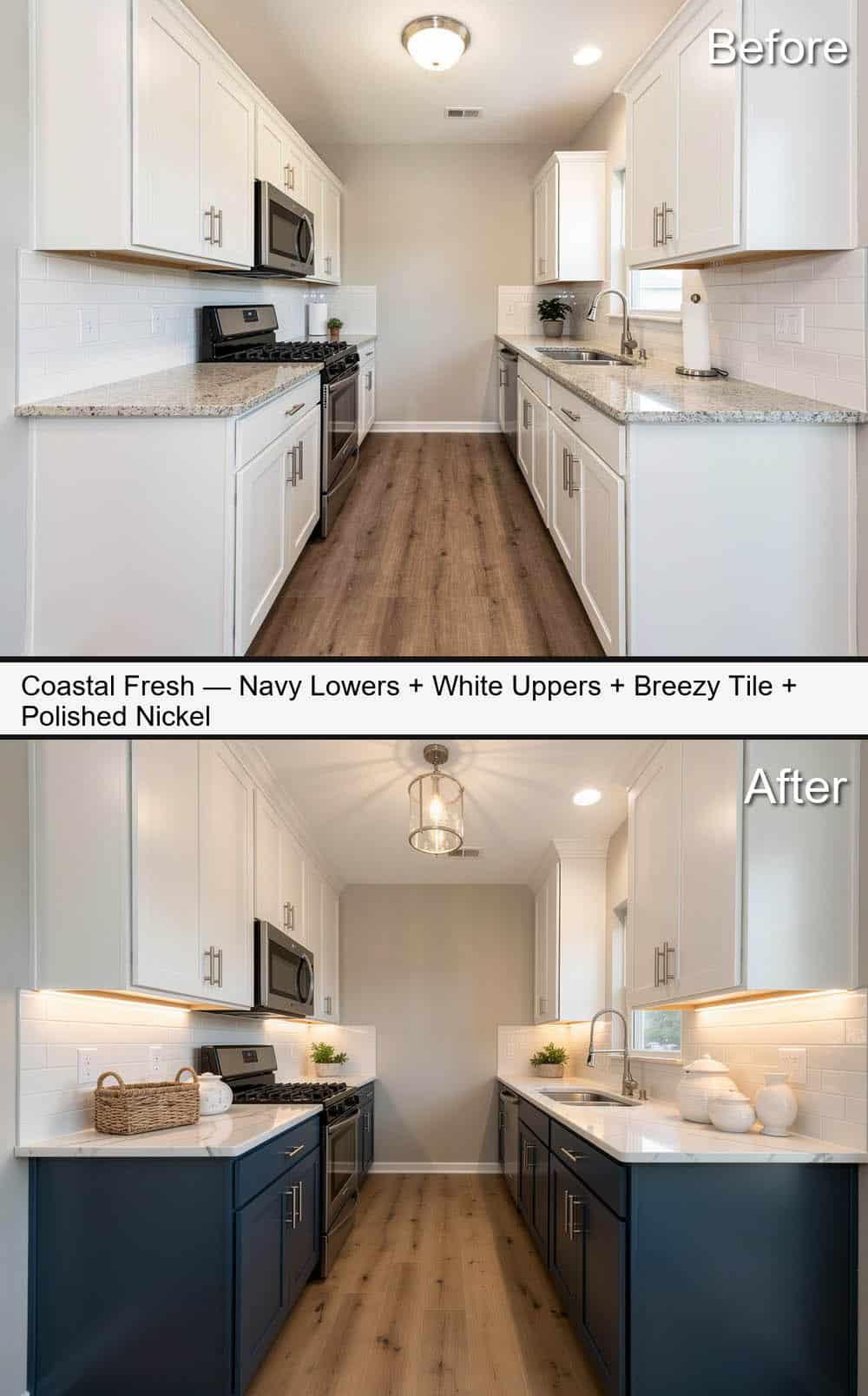 Coastal Kitchen with Navy Lowers, White Uppers, Breezy Tile and Polished Nickel