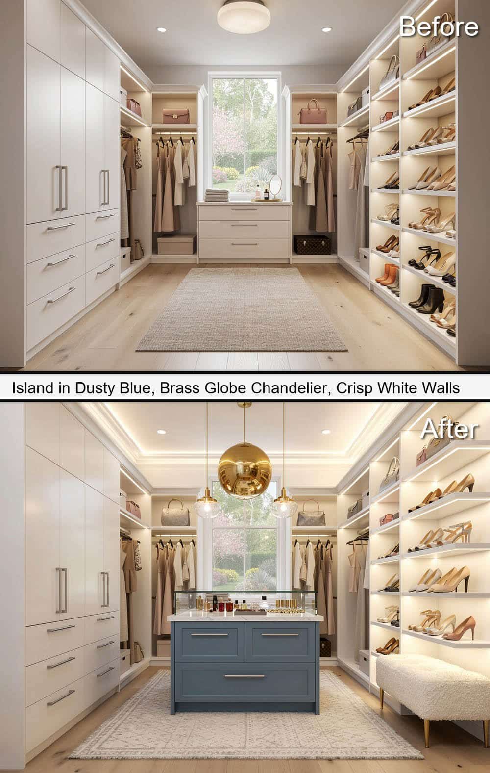 Closet Island in Dusty Blue, Brass Globe Chandelier, with Crisp White Walls