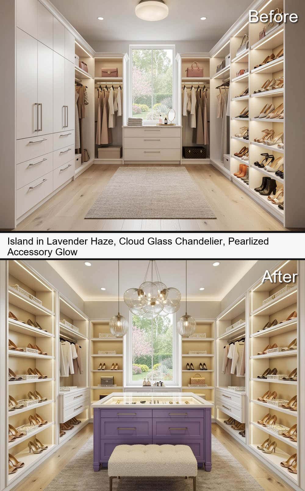 Closet Island in Lavender Haze, Cloud Glass Chandelier, with Pearlized Accessory Glow