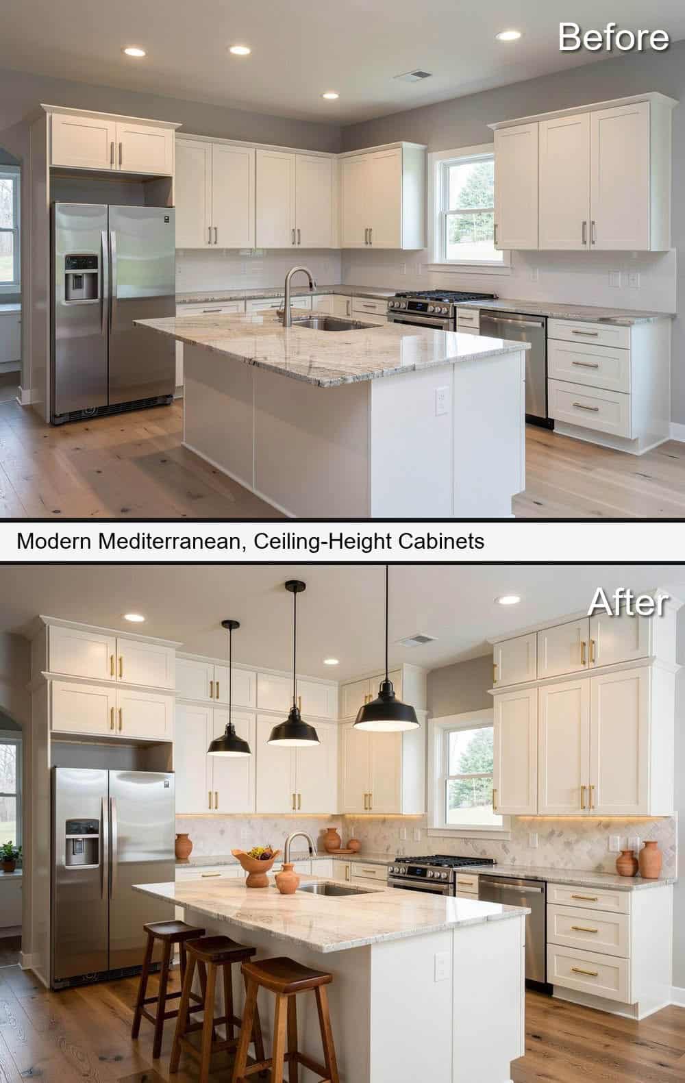 Modern Mediterranean Kitchen with Ceiling-Height Cabinets