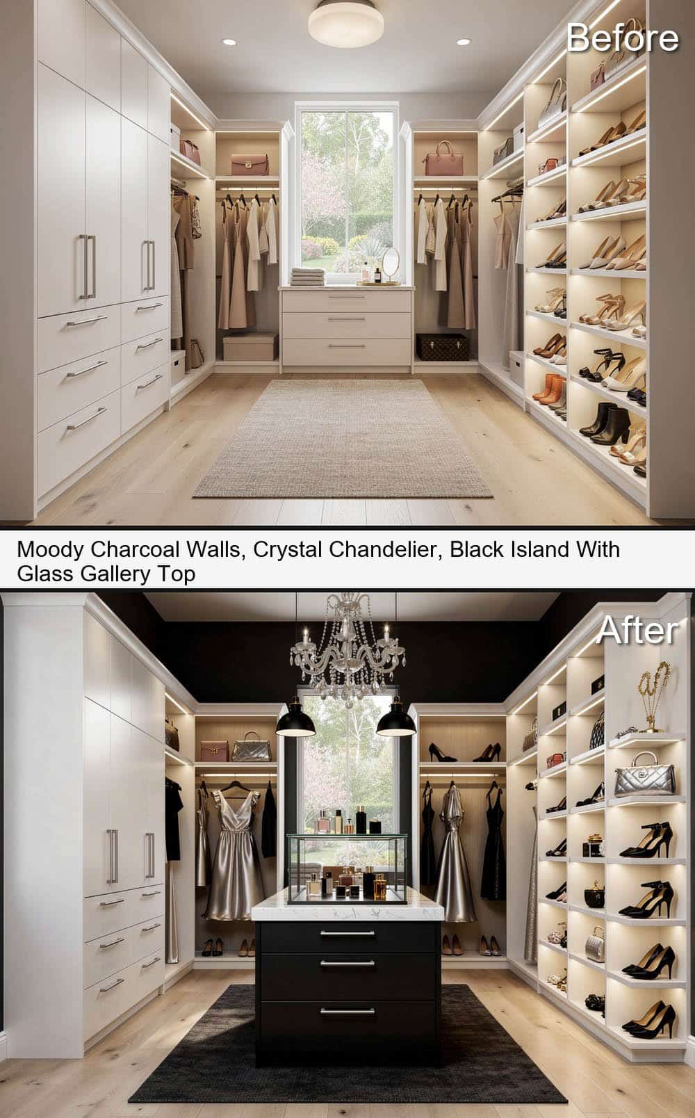Black Island With Glass Gallery Top, Moody Charcoal Walls & Crystal Chandelier