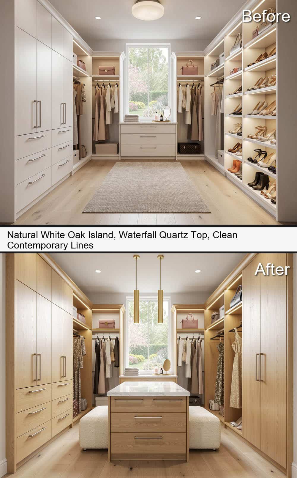 Natural White-Oak Island, Waterfall Quartz Top, With Contemporary Lines