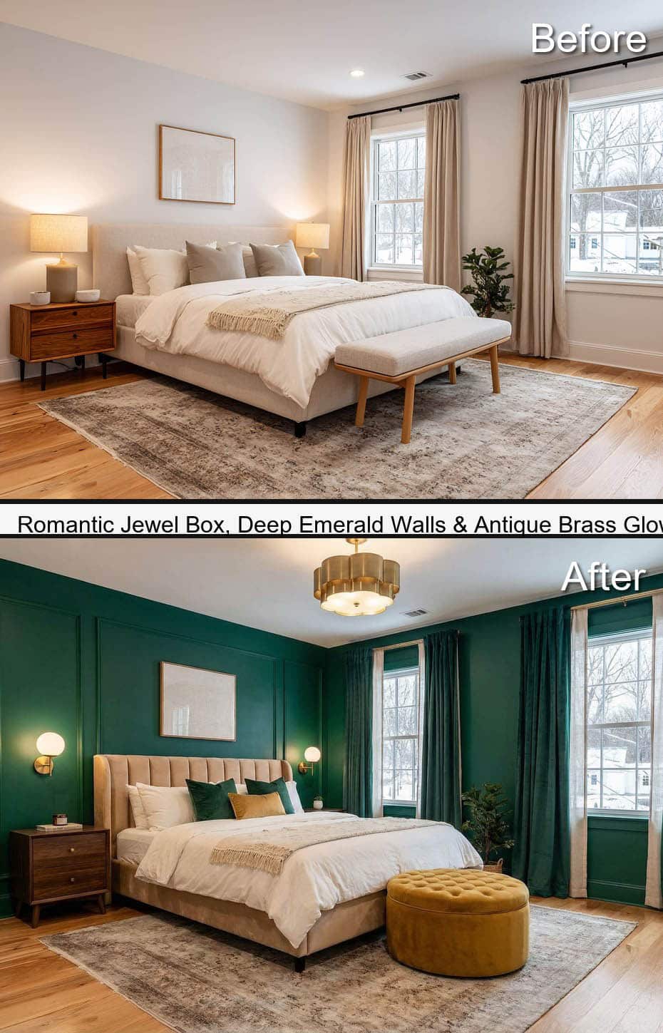 Romance Themed Jewel Box Bedroom with Deep Emerald Walls and Antique Brass Glow