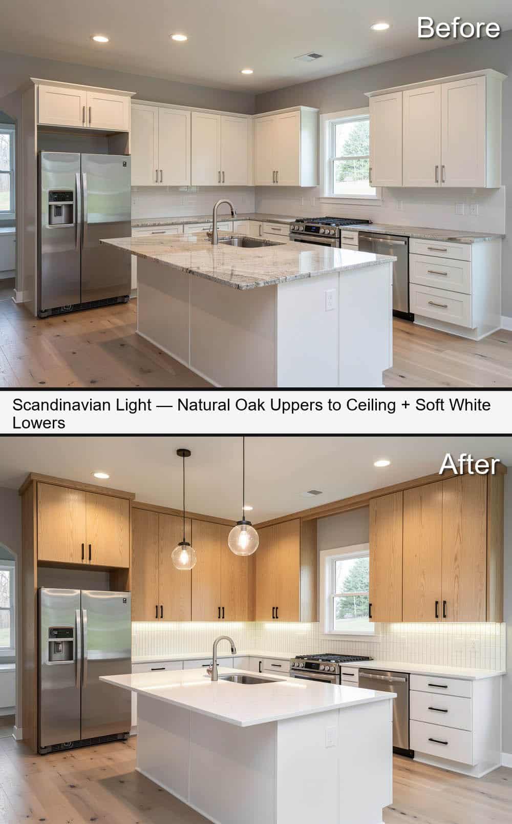 Scandinavian Kitchen with Light Natural Oak Uppers to Ceiling and Soft White Lowers