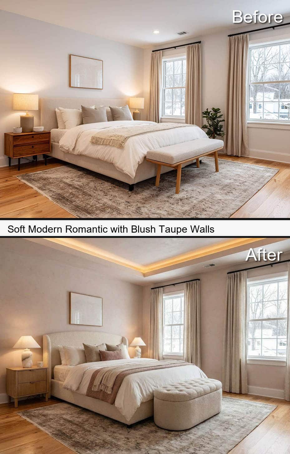 Soft Modern Romantic with Blush Taupe Walls and Plaster Halo Ceiling