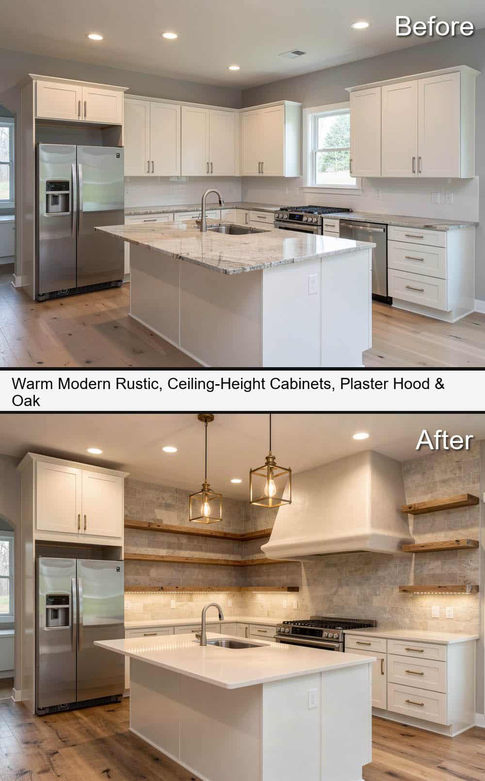 Warm Modern Rustic Kitchen with Ceiling-Height Cabinets