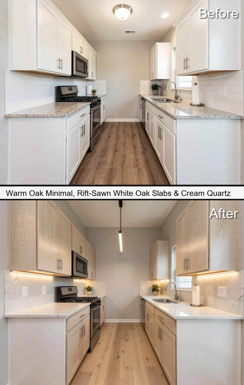 Minimal Oak Kitchen with Rift-Sawn White Oak Slabs and Cream Quartz