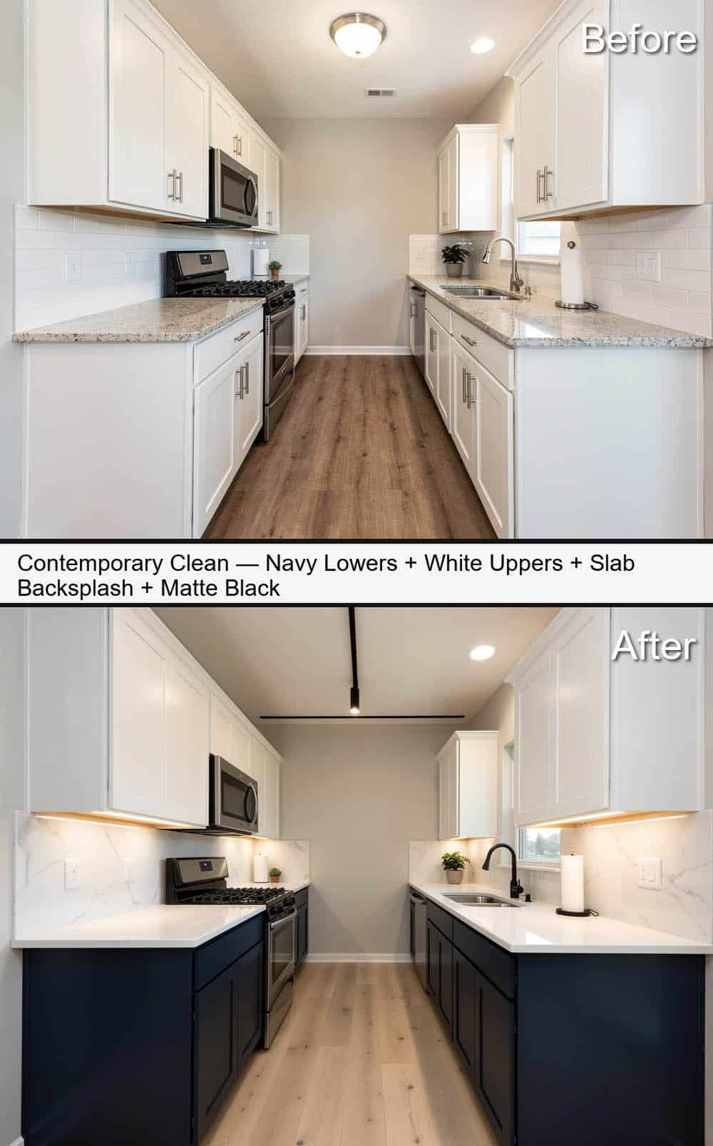 Contemporary Kitchen with Navy Lowers, White Uppers, Slab Backsplash and Matte Black