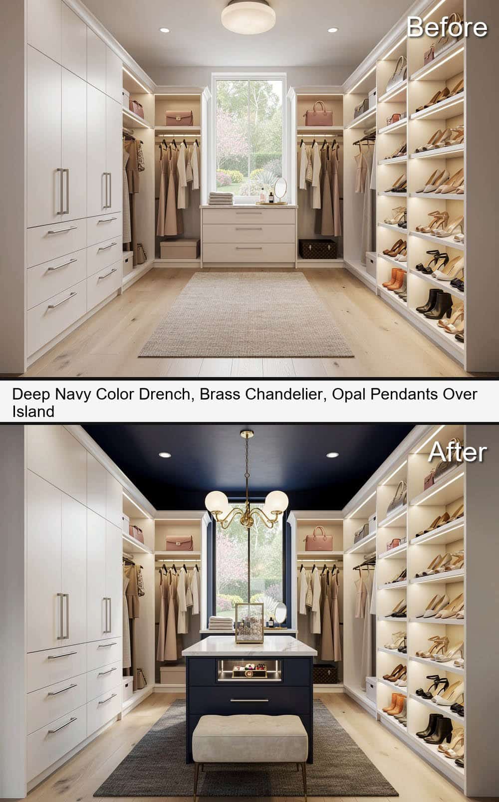 Deep Navy Color Drench Walk-In with Brass Chandelier & Opal Pendants Over Island