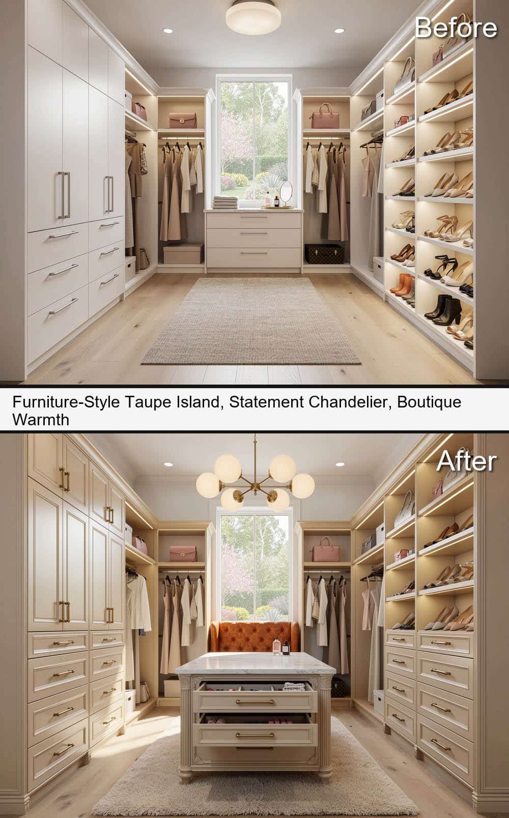 Furniture Style Taupe Island with Statement Chandelier & Boutique Warmth