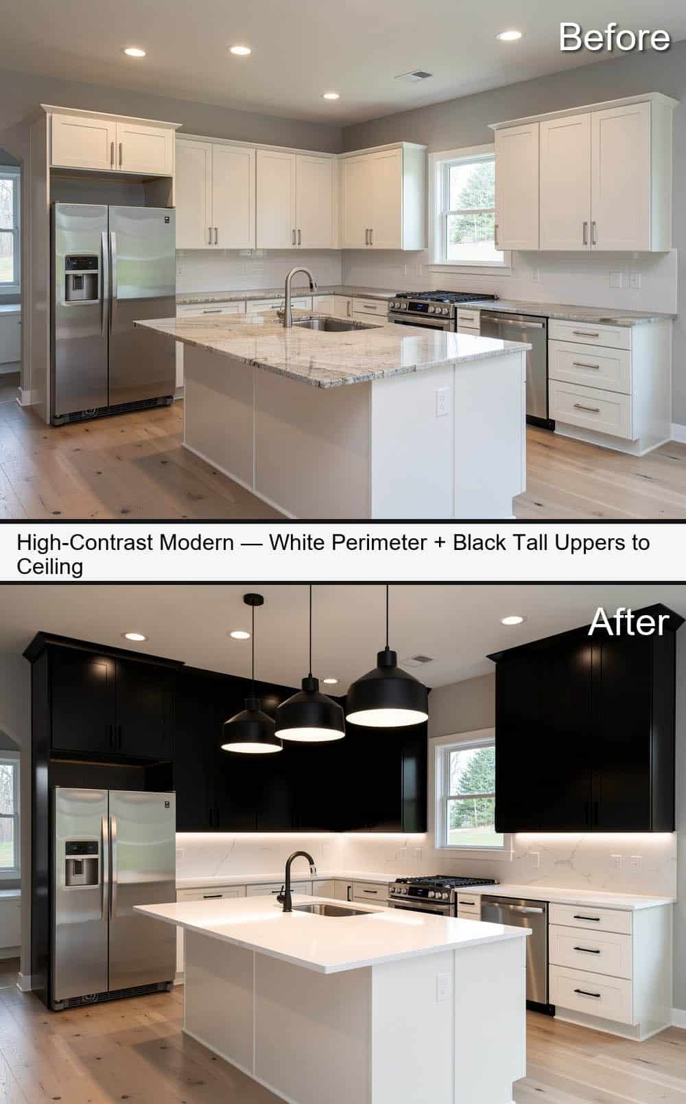 High-Contrast Modern Kitchen with Full-Height Matte Black Upper Cabinets